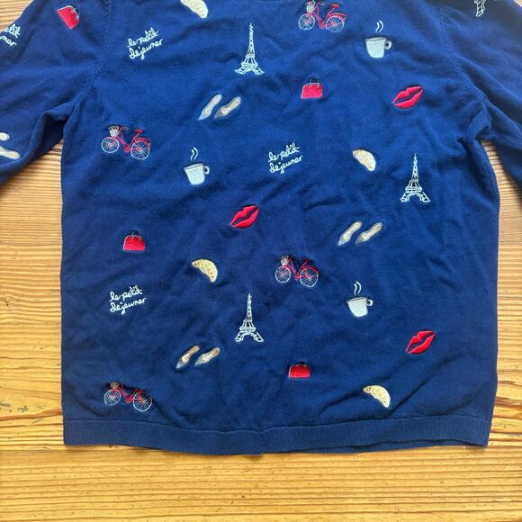 Talbots Paris dark navy blue embroidered crew lightweight sweater SIZE M - Picture 3 of 5